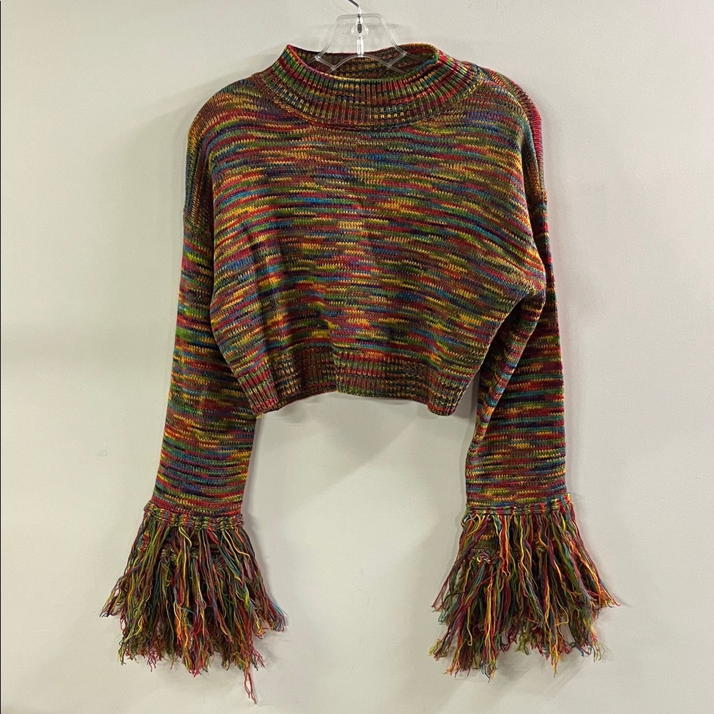 REHAB LAB Boho Hippie-Chic Multi Color Crop Fringe Long SLV Mock Turtleneck SZ S